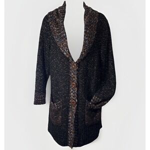 Curio Cardigan Sweater Women's Size M Black Brown Multi-Color Nubby‎ Knit Cozy